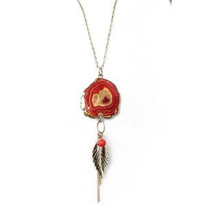 Gold Color Chain Necklace with Ruby Red Color Pendant and Charms